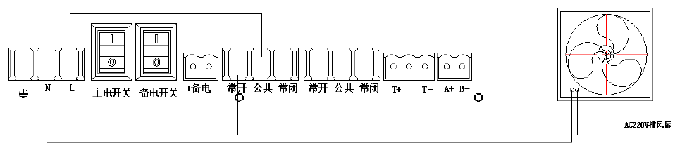 電壓為AC220V功率小于1000W的排風扇警燈接線圖示如下.png